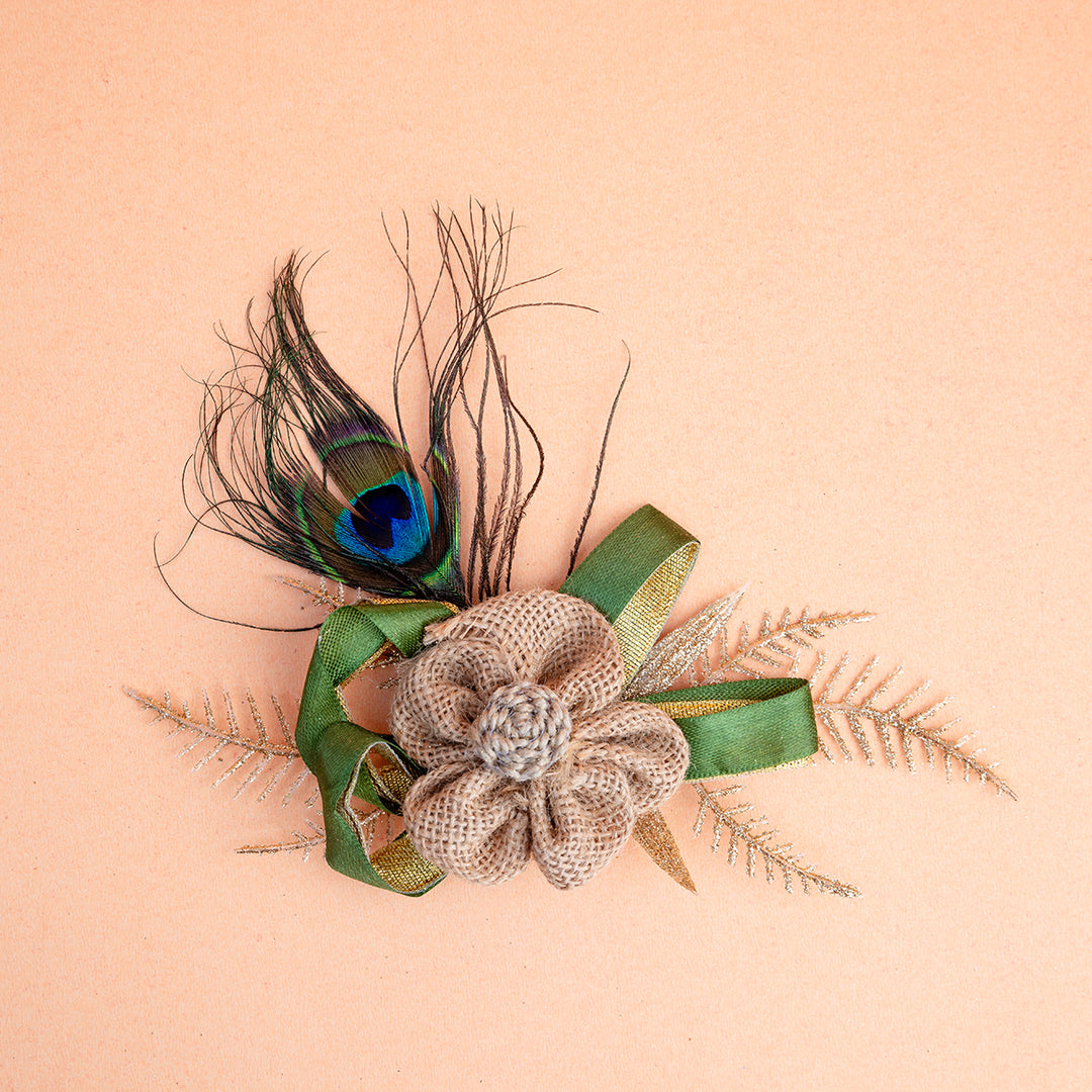 Burlap Floral Decor Clip with Peacock Feather