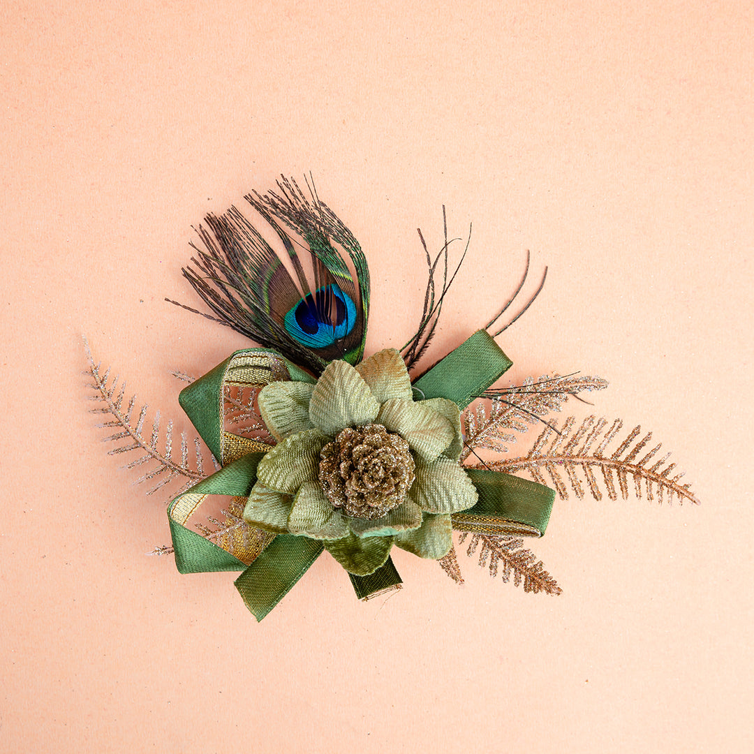 Green Floral Decor Clip with Peacock Feather