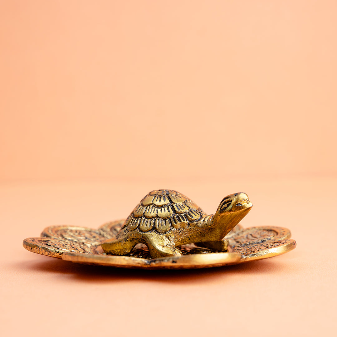 Brass Tortoise on Lotus Plate