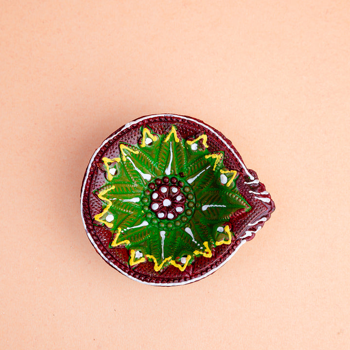 Vibrant Leaf Motif Terracotta Diya