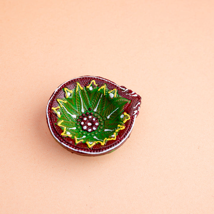 Vibrant Leaf Motif Terracotta Diya