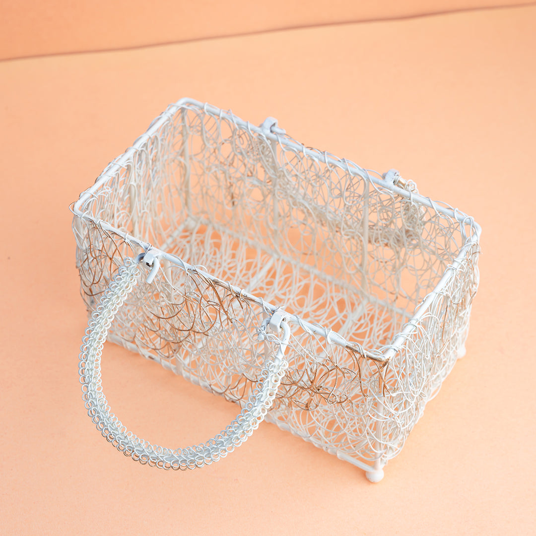 Square White Wire Basket Set with Handle