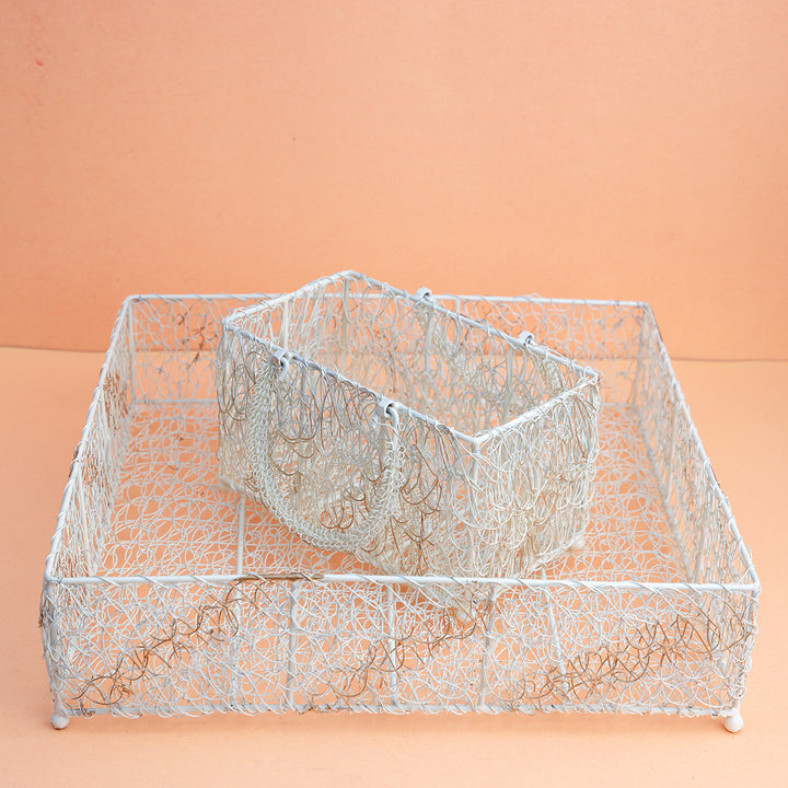 Square White Wire Basket Set with Handle