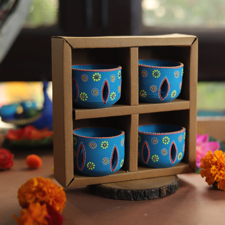 Chaaya Blue Terracotta Tealight Holders (Set Of 4)