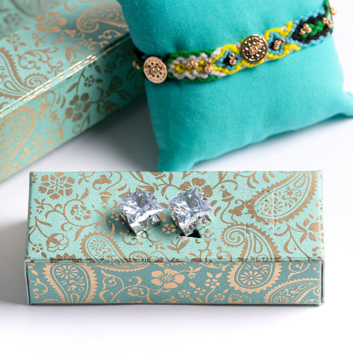 Blue Braided Rakhi With Stone Cufflink Gift Set