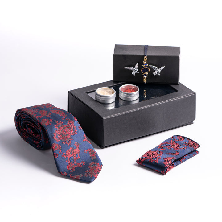 Red-Blue Rakhi Gift Set with Tie Pocket Square and Cufflinks