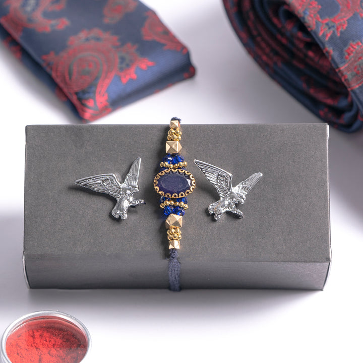 Red-Blue Rakhi Gift Set with Tie Pocket Square and Cufflinks