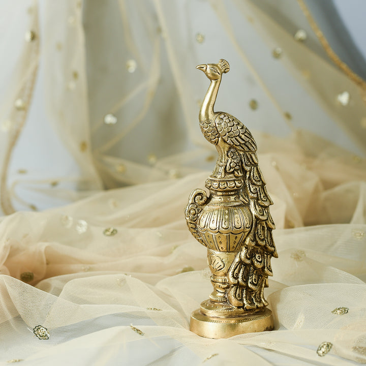 Medium Brass Pedestal Peacock Figurine